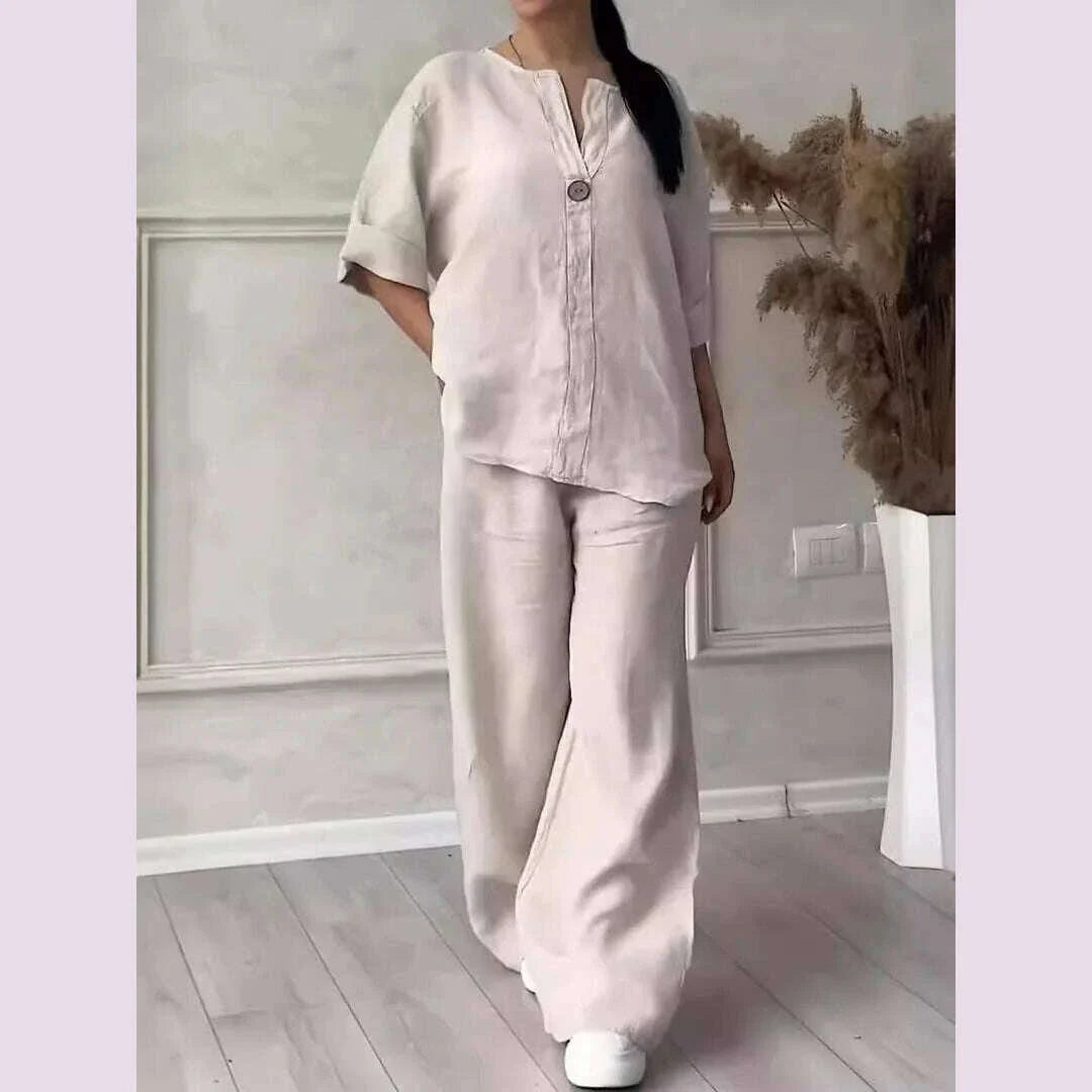 Casual Solid Color Pullover Long Pants 2-piece Set Women's Cotton and Linen Pants Suit White Pink