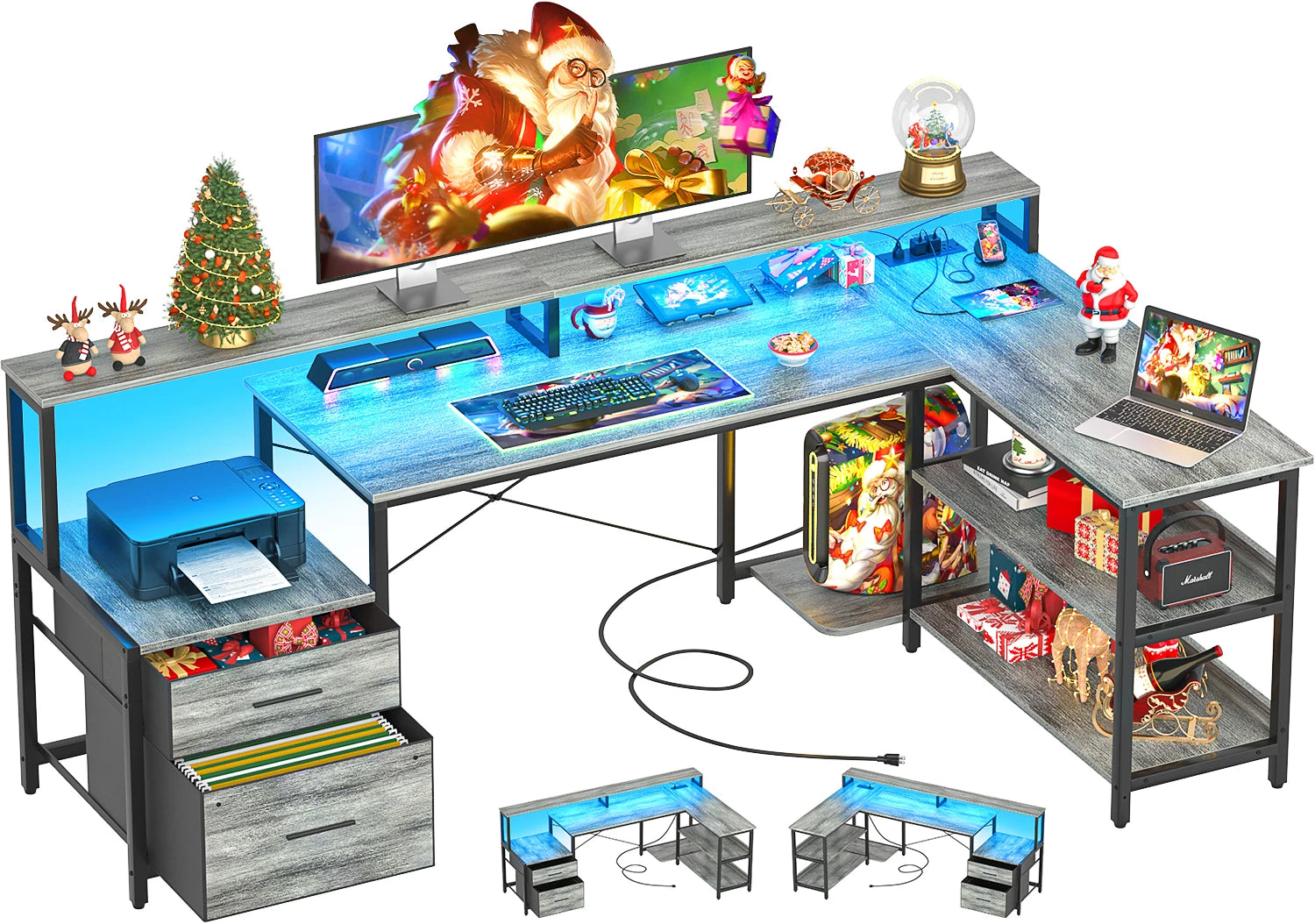 Aheaplus Reversible L Shaped Desk / Home Office Desk / Gaming Desk with File Drawer & Power Outlet & LED Strip - Kimlud