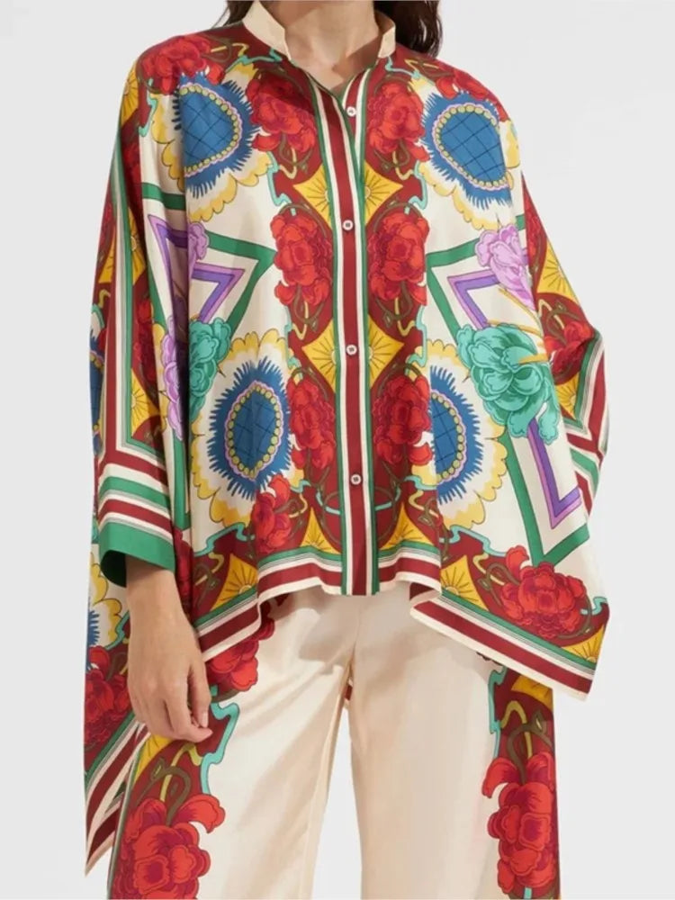 2 Piece Sets Fashion Women's Irregular Geometric Print Pants Sets Long Sleeve Shirts And Wide Leg Pants Stylish Streetwear Suit