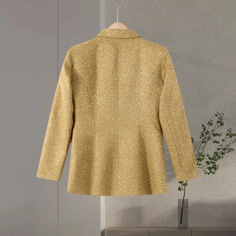 Elegant Paillettes Blazer Coat Women Lapel Doube-breasted Fake Pocket Slim Jackets Lady 2025 Autumn Winter Streewear Female New