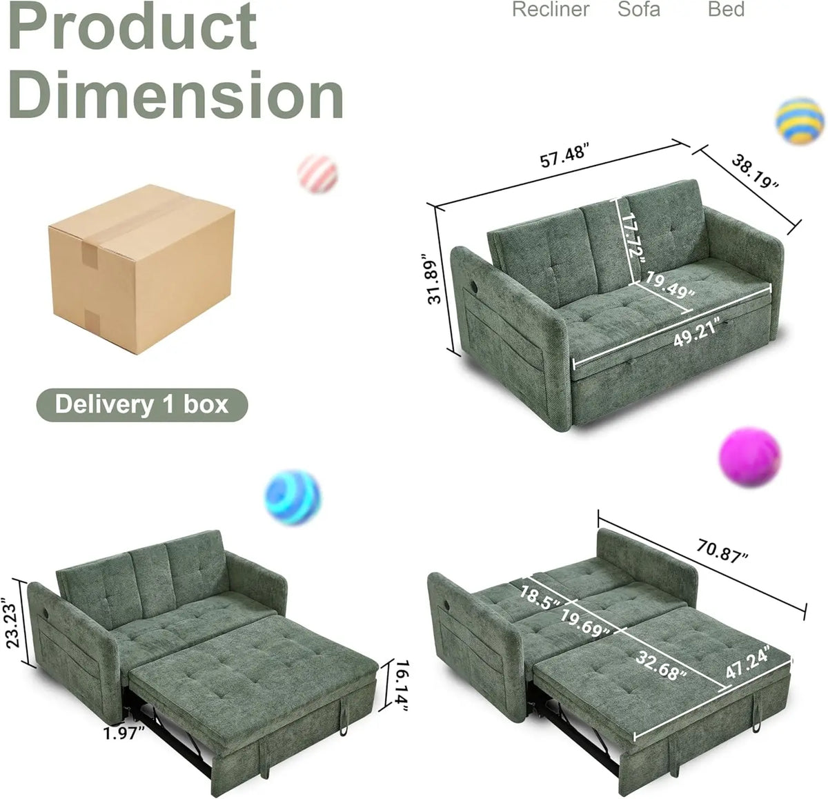57.48' Convertible Sofa Bed with Cup Holder, Pull Out Sleeper Sofa Bed with USB Charging Ports | Kimlud Luxury Sofa