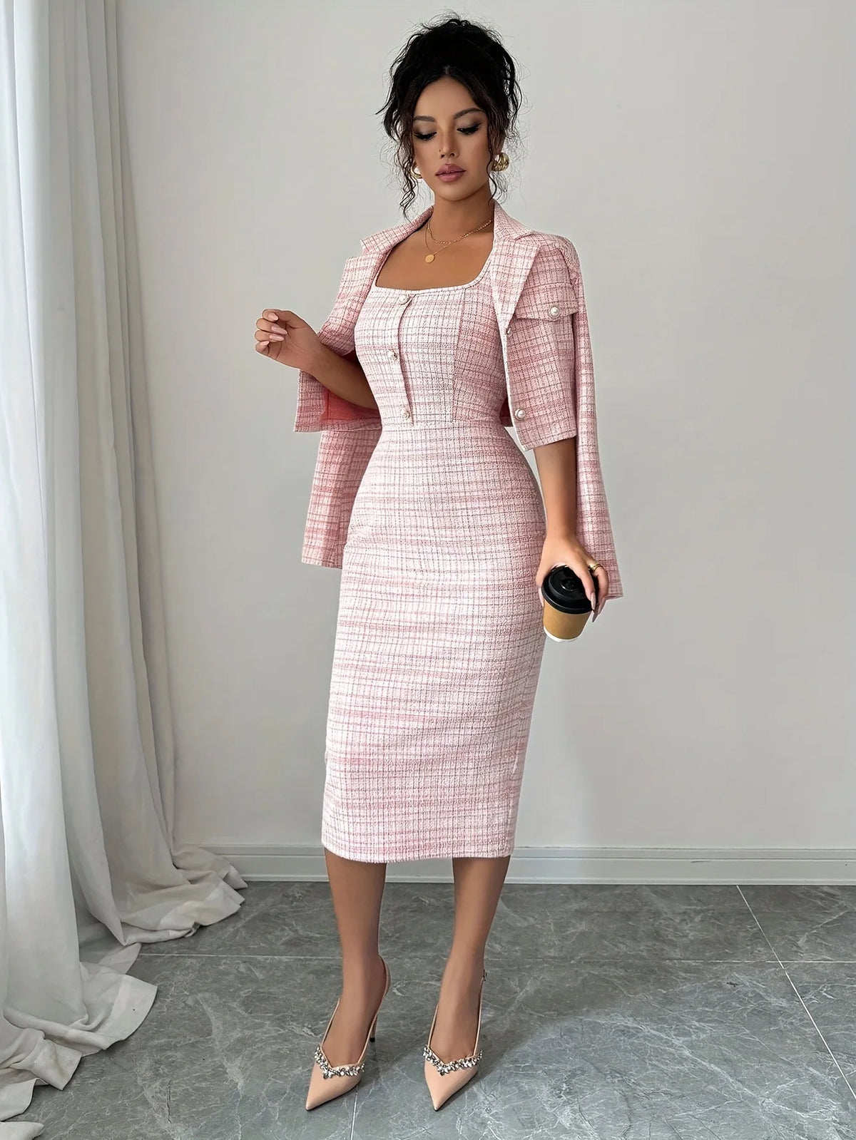 2026 European and American Two-Piece Dress Set with Reversible Collar, Long Sleeves, Short Length, Check Pattern Jacket, and Pet