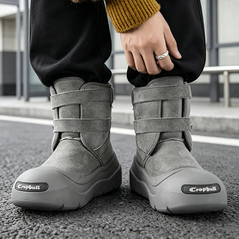 Men's Thick-Soled Snow Boots, Winter Fleece-Lined Warm Outdoor Anti-Slip Snow Boots, Double Buckle Ring Design, Motorcycle Style Short Boots, Trendy Versatile Casual Cotton Boots
