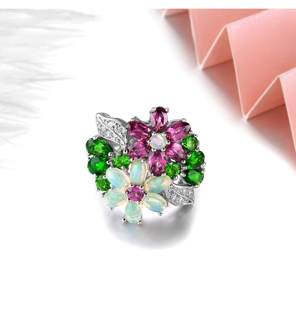 Natural Rhodolite Garnet Opal Solid Sterling Silver Rings 4 Carats Genuine Multicolor Gemstone Diopside Gorgerous Fine Jewelrys