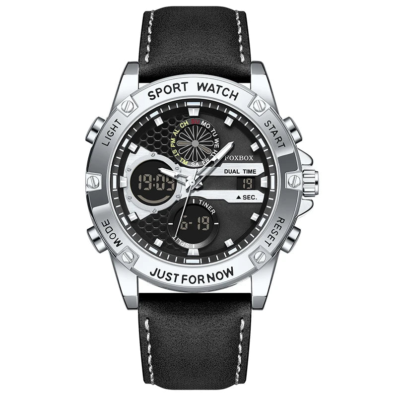 FOXBOX Fashion Men's Luxury Watch Leather Strap Quartz Watches Business Dual Display Waterproof Date Chronograph Man Watch+Box - Kimlud