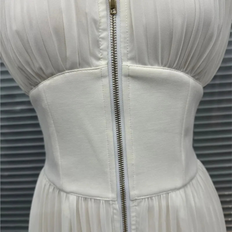 Sexy Deep V Neck Hollow Zip Jumpsuit Women's Spring Solid High Waist Wide Leg Romper Summer Sleeveless Pleated Vacation Overalls