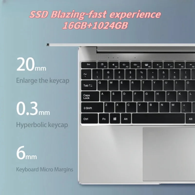 Ultra Slim Laptop 14.1" 16GB RAM 2TB SSD Intel N3700 Notebook Windows 11 Pro 1920*1080 Display Office Study Computer PC - Kimlud
