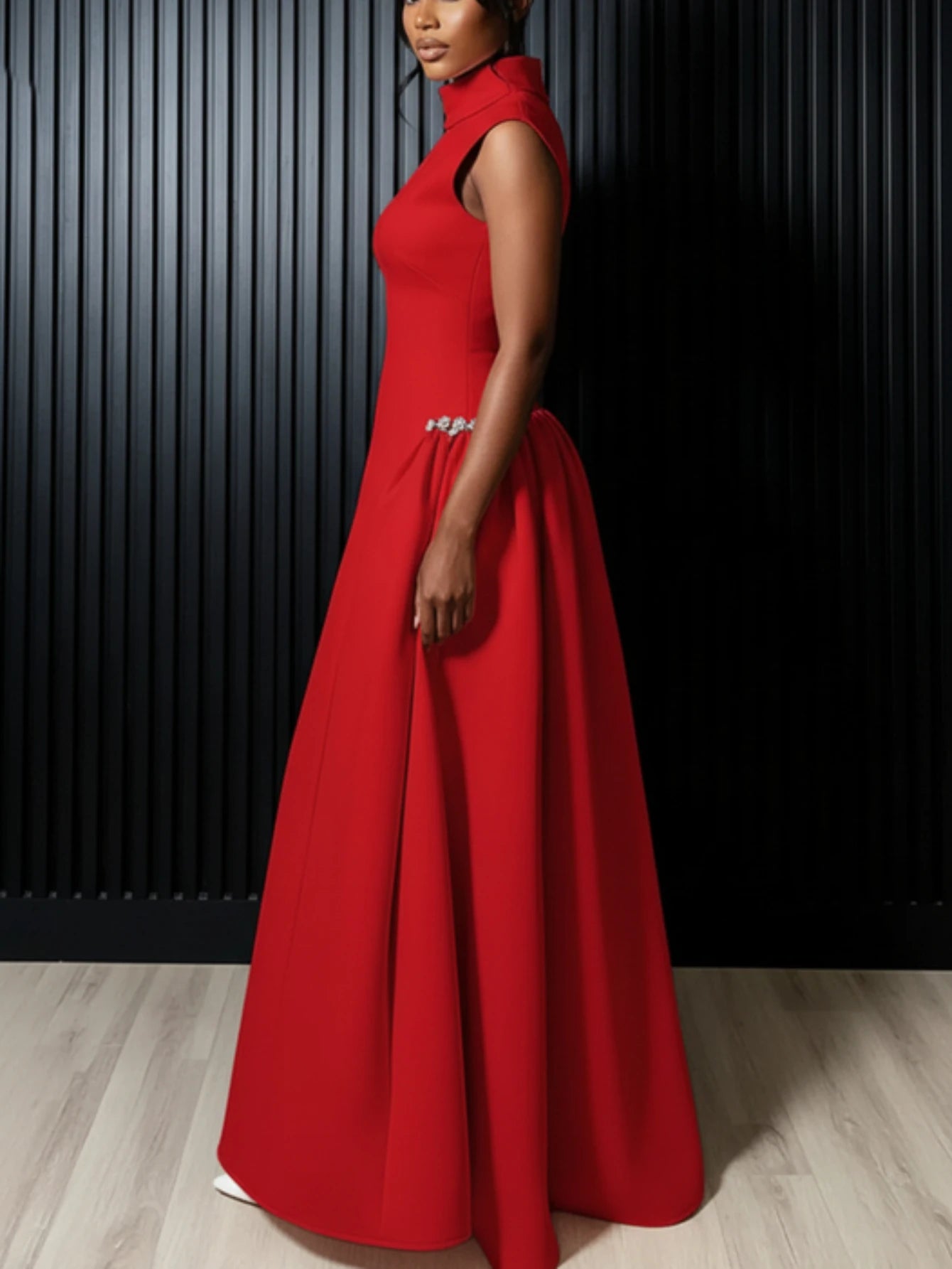 Women High Neck Sleeveless Fitted Floor Length Maxi Dress With Side Flared Detail For Formal Gala Wedding And Evening...
