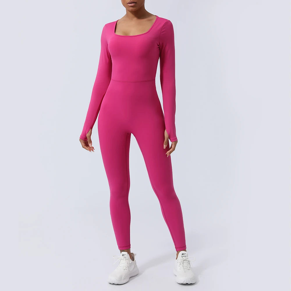 Women Fitness Jumpsuit Backless Long Sleeve Tights Yoga Set Running Training With Padded Sport Set - Kimlud