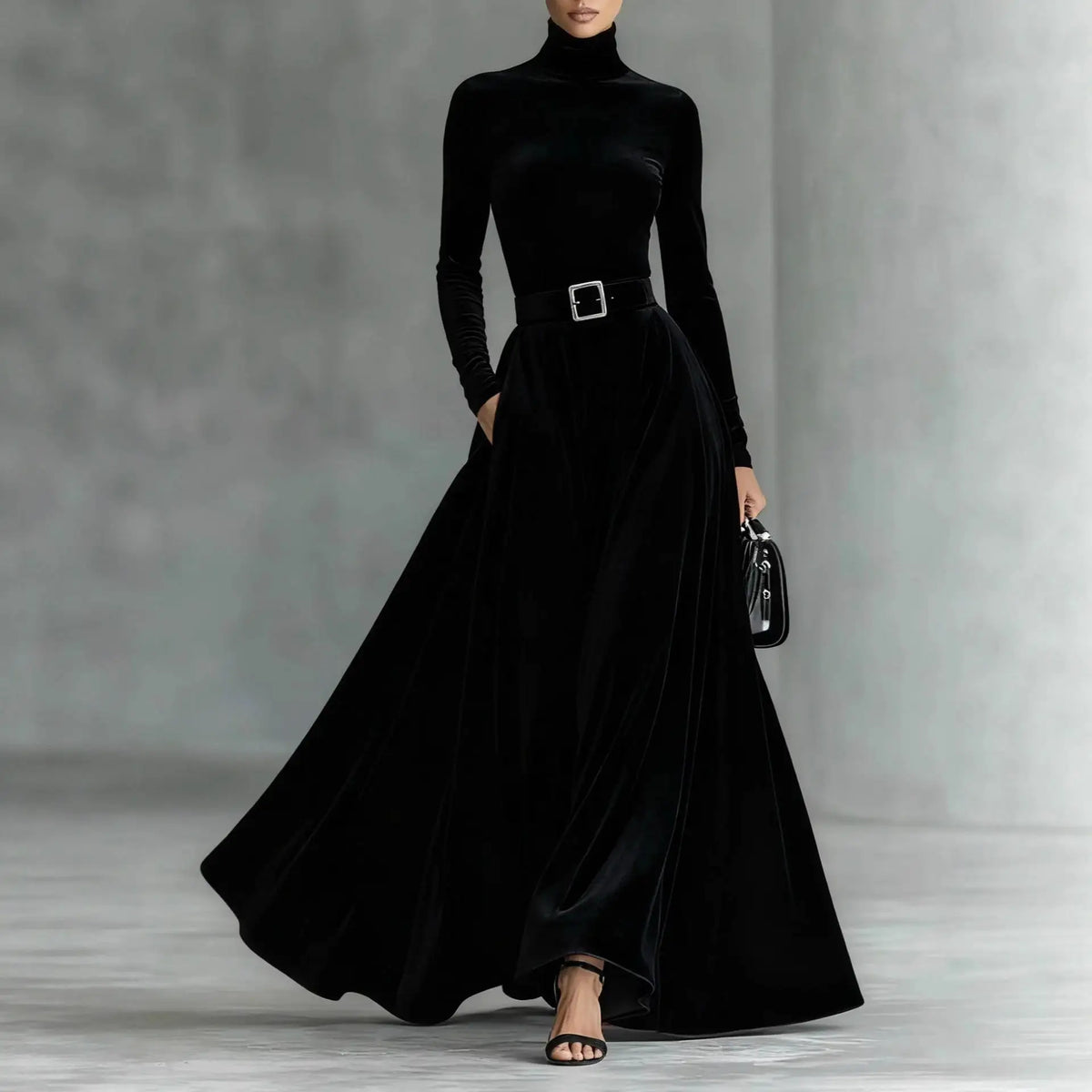 Velvet High Collar Base Dr Evening Gown mid Waist Long Skirt Ci Commute Sle Autumn Season Women's Faion Single Piece |...