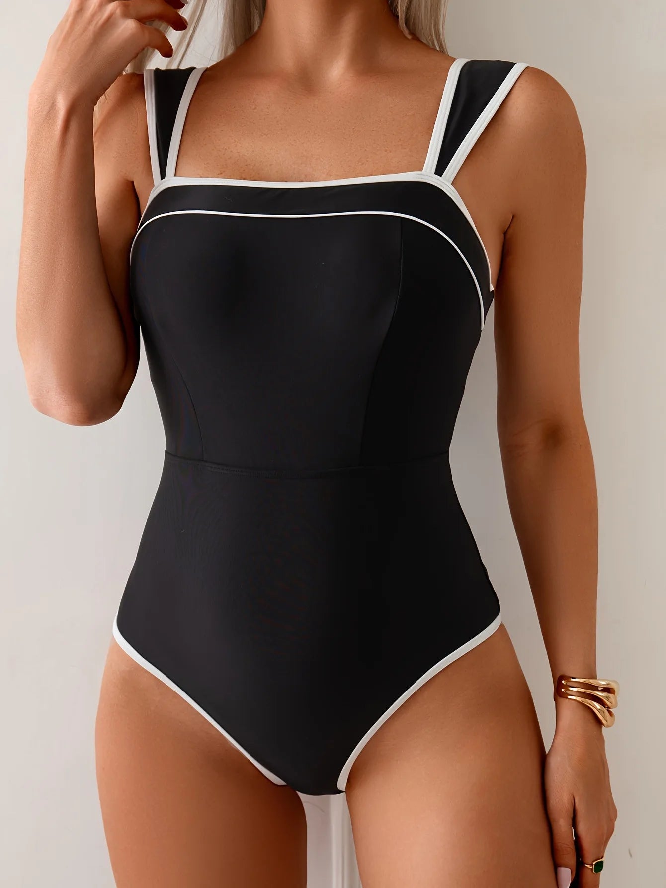 Vintage Black White Contrast Swimwear Women Sexy Push Up Slim Tummy Control One Piece Swimsuit Beach Bathing Suit Pool Monokini - Kimlud