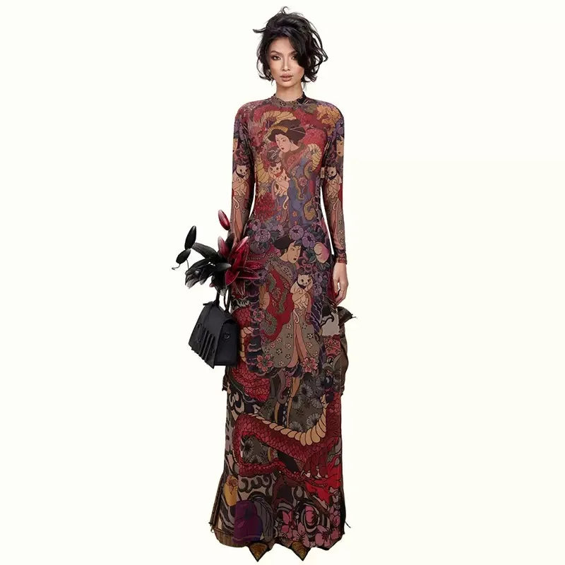 Spring New Women's Long Sve High Collar Plant Print Maxi Top Faionable Individuatic f High Ne Long Open Split Top