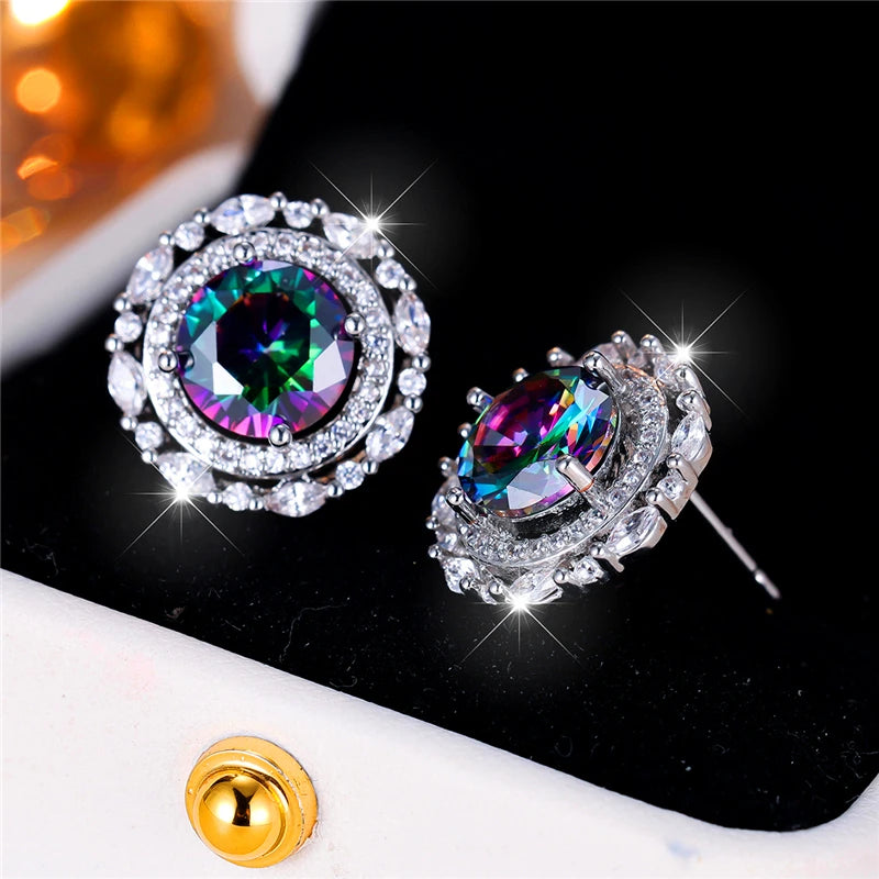 Female Crystal Rainbow Zircon Stone Round Stud Earrings Vintage Silver Color Wedding Fashion Jewelry For Women | Kimlud...