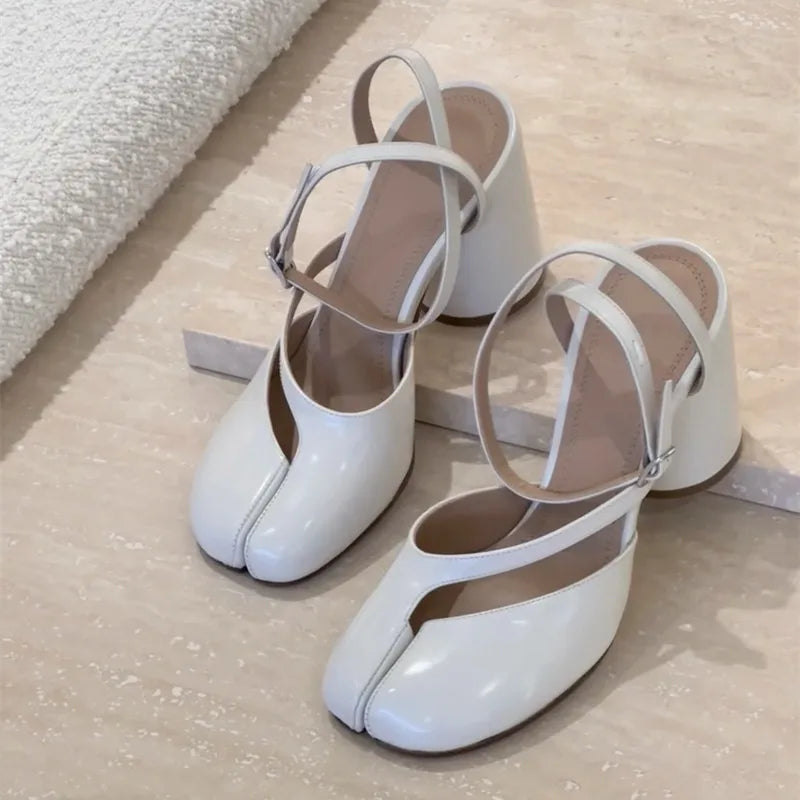 Ins style Fashion Patent Leather Split Toe Women Pumps Spring Summer Thick High heels Slingbacks Female Tabi Chunky Casual Shoes