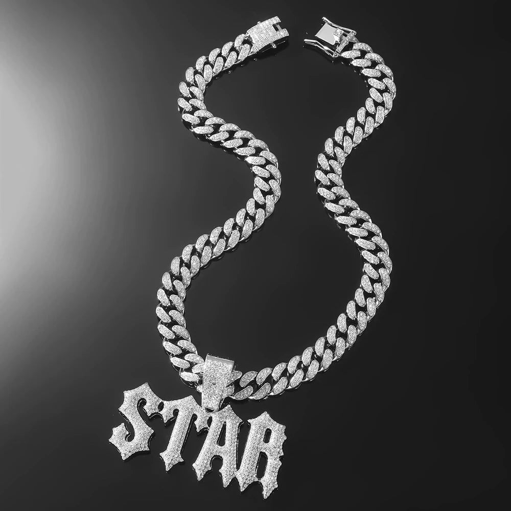 Men Women Hip Hop Letter STAR Pendant Necklace with Cuban Chain Iced out Bling Necklaces Tennis Chain Fashion Punk Jewelry Gift