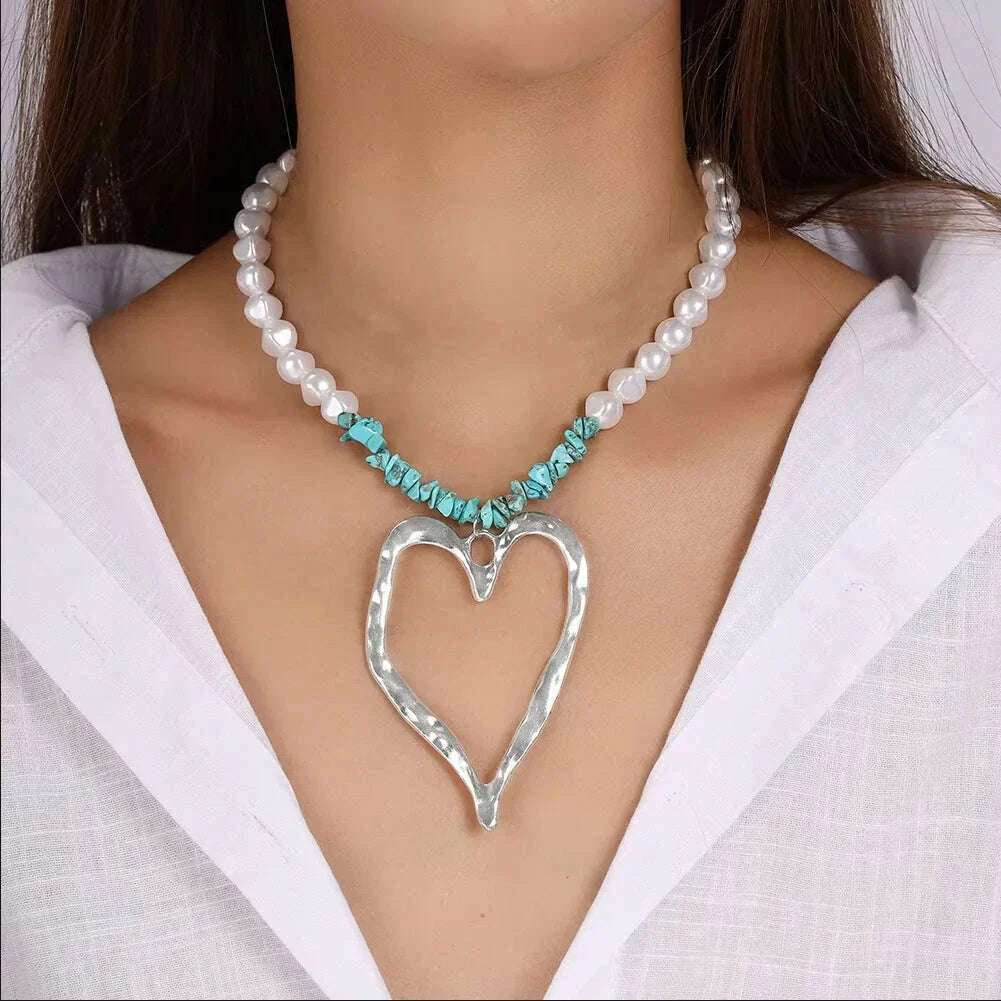 Exaggerated Hollow Big Heart Pendant Necklace for Women Girls CCB Ball Beads Necklace Party Club Punk Jewelry Gifts