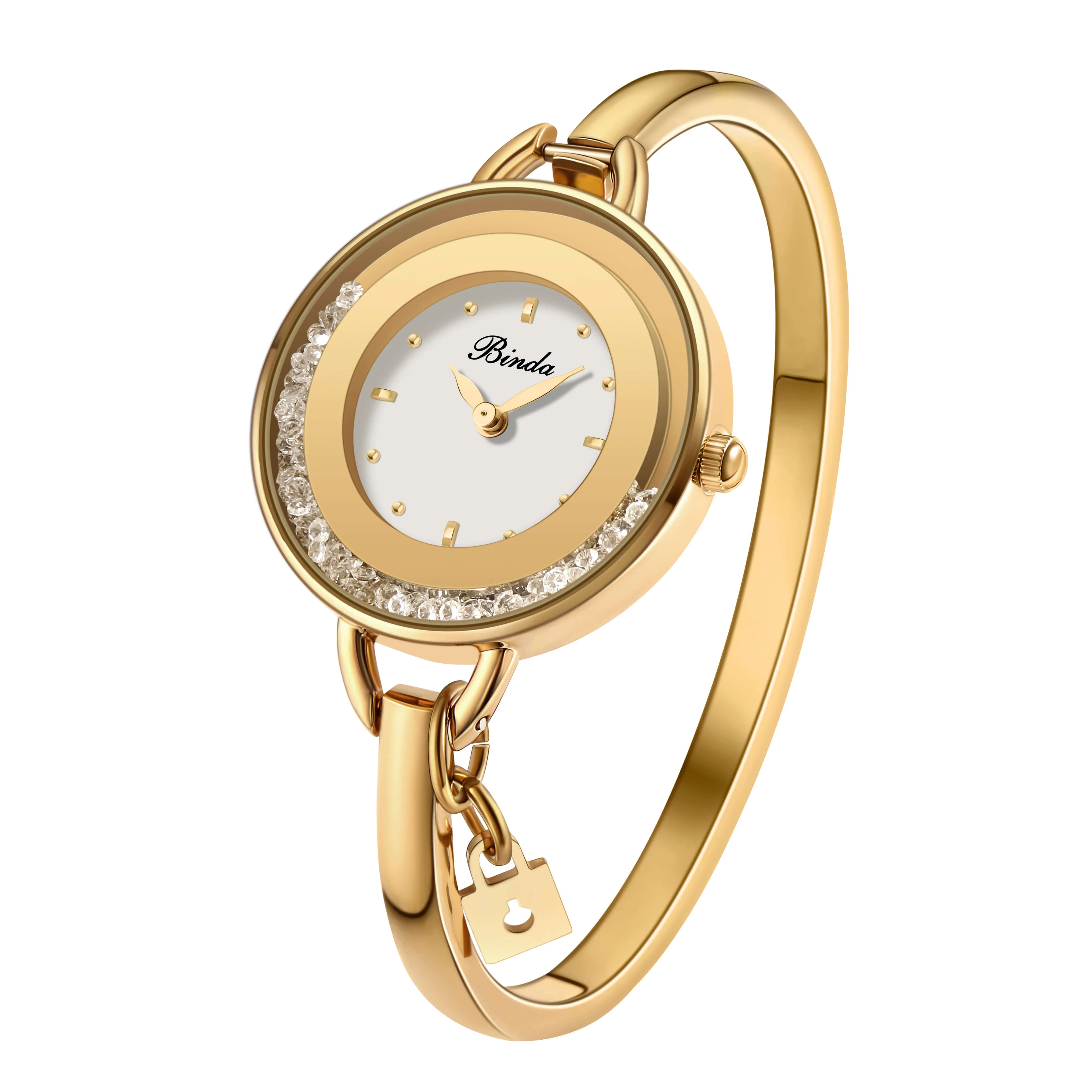 Binda Women’s Elegant Waterproof Quartz Watch – Rainbow Gold Stainless Steel Bracelet, Round Delicate Dial | Kimlud Mid...