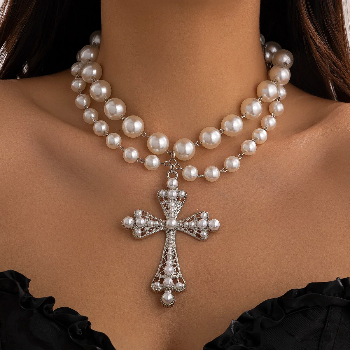 IngeSight.Z Trendy Goth Large Cross Pendant Necklace Elegant Charming Imitation Pearl Woman Choker Y2K Neck Jewelry Accessories