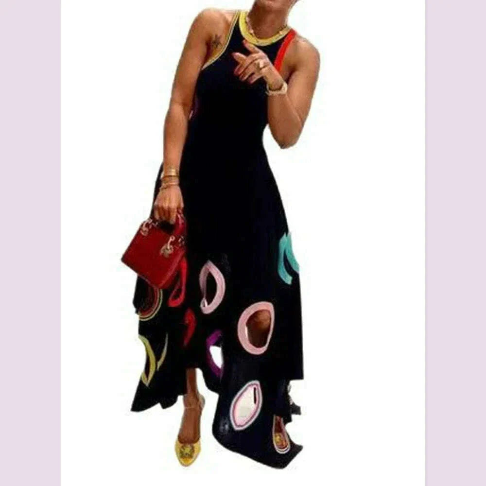 Women's Circle Hollow Out Tank Dress Round Neck Asymmetric Hem Pleated A-Line Fashion Elegant Sleeveless Summer Evening Dress