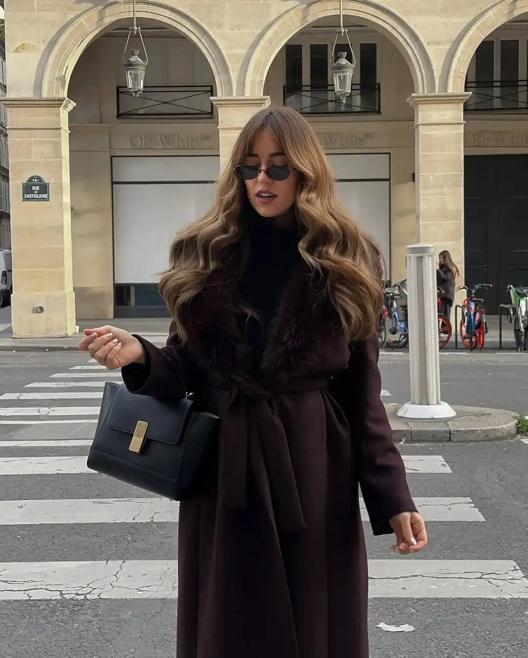 Elegant Fur Collar Woolen Blend Overcoat Women V-neck Full Sleeve Lace Up Loose Long Coat Lady Daily Commute Street Outerwear