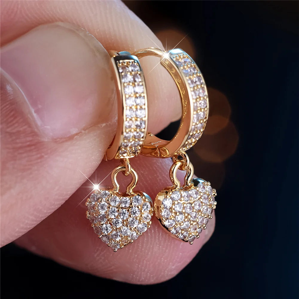 Trendy Crystal White Zircon Stone Love Heart Hoop Earrings For Women Vintage Gold Color Wedding Jewelry