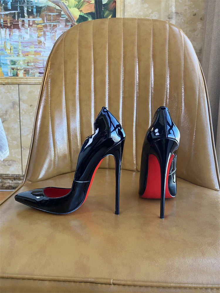 Spring and Autumn New Lacquer Wave V-neck High Heels 12cm Fashionable and Sexy Commuting Single Shoes