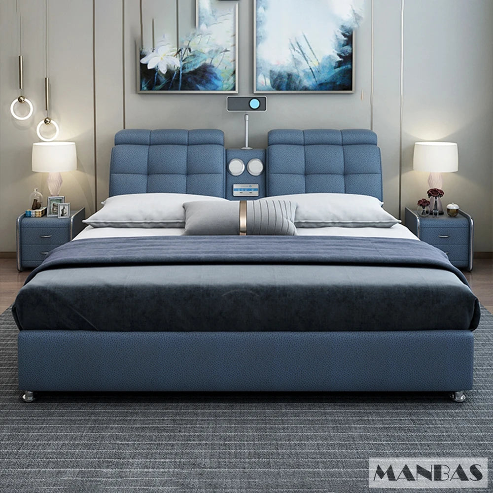Linlamlim Ultimate Tech Smart Bed - Multifunctional Bedframe with Genuine Leather and Bluetooth Speaker, Drawers,...
