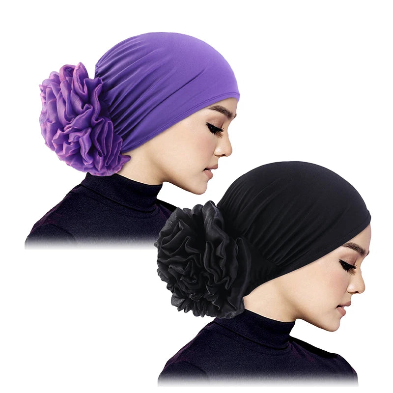Women's Hijabs Turban Big Flower Elastic Cloth Hair Bands Hat Beanie Ladies Muslim Solid Hair Loss Scarf Cap Hair Accessories