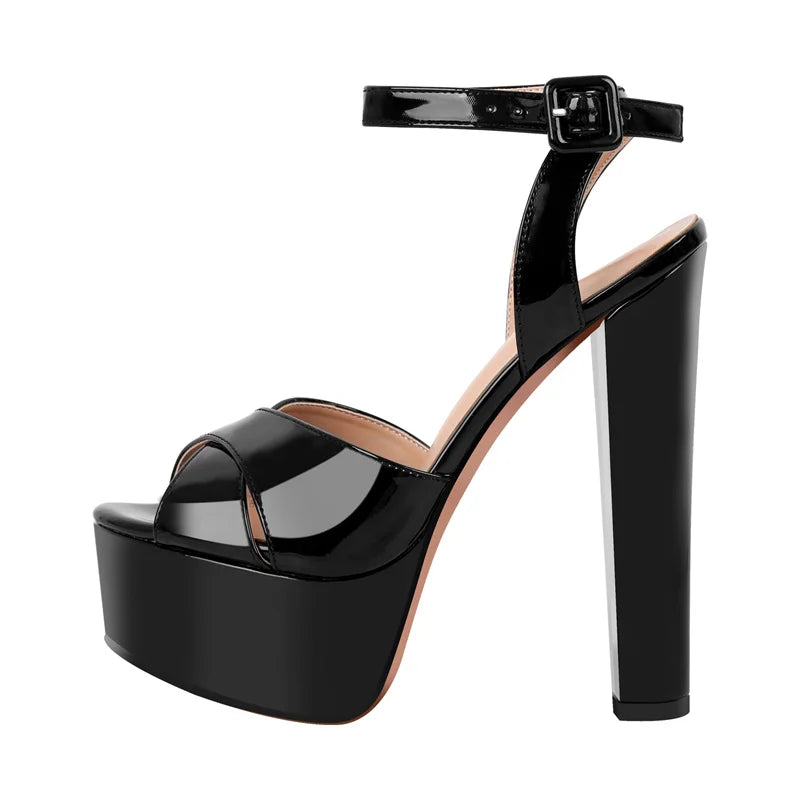Onlymaker Women Sandals Ankle Strap Peep Toe Platform Black Chuncky High Heels Squre Toe Party Dress Casual Sandals