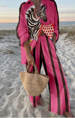 Casual Printed Two Piece Set Women Spring Summer New Fashion Comfort Holiday Button Long Sleeve Shirts And Wide Leg Pants 2 Sets