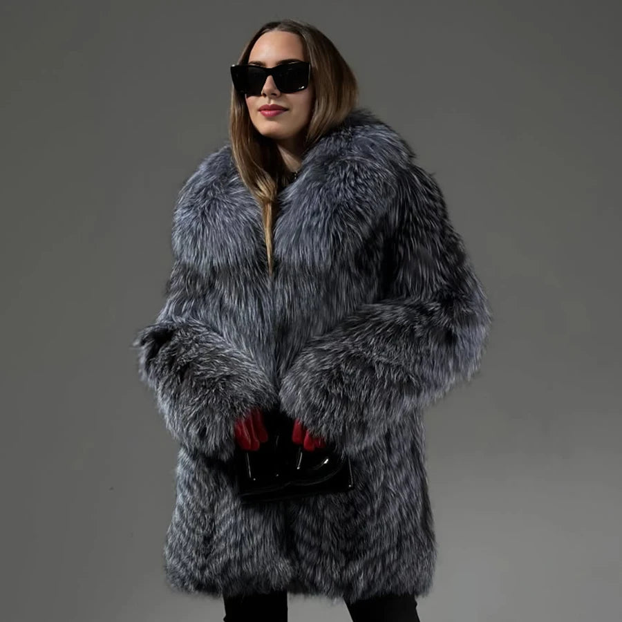 Natural Silver Fox Fur Coats With English Collar Women's Full Skin Fur Jacket Long Real Fox Fur Coat Best Seller Furry Jackets