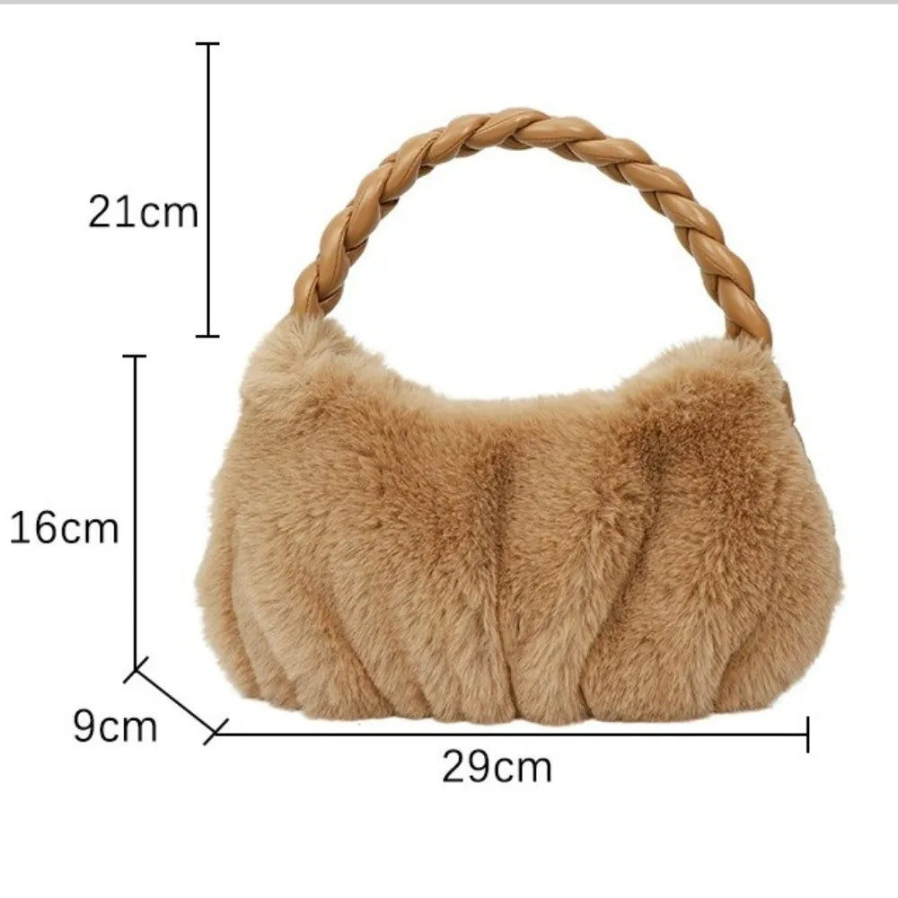 Elegant Furry Shoulder Bag Fluffy Soft Plush Handbag Solid Color Zipper Tote Bag