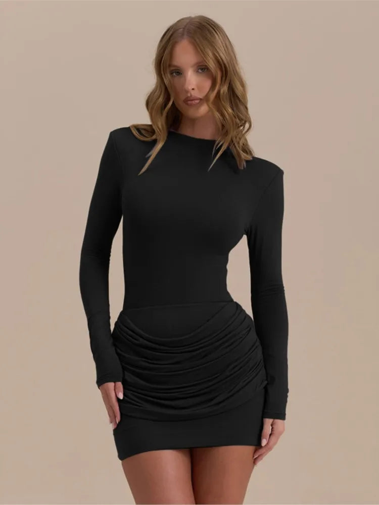 Solid Color Gathered Hip Cover Long Sleeve Dress Women's Spring Summer New Casual Round Neck Dresses For Women Ropa...