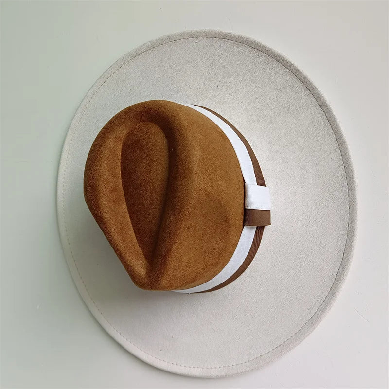 Colorblock Ribbon Colorful Suede Hat Autumn and Winter Women's Felt Hat Wide Brim Hat British Style Retro Men's Gorras Hombre - Kimlud