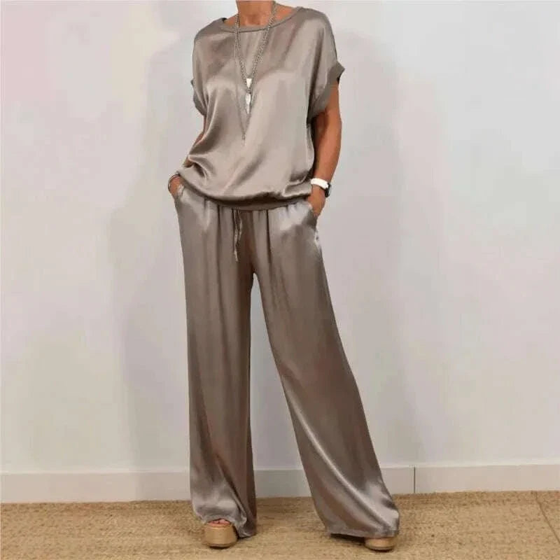 2025 Spring Satin Oversize Women Suit Black V-neck Tops Long Pants Loose Suits Female Summer Casual Trendy Ladies Clothes Sets