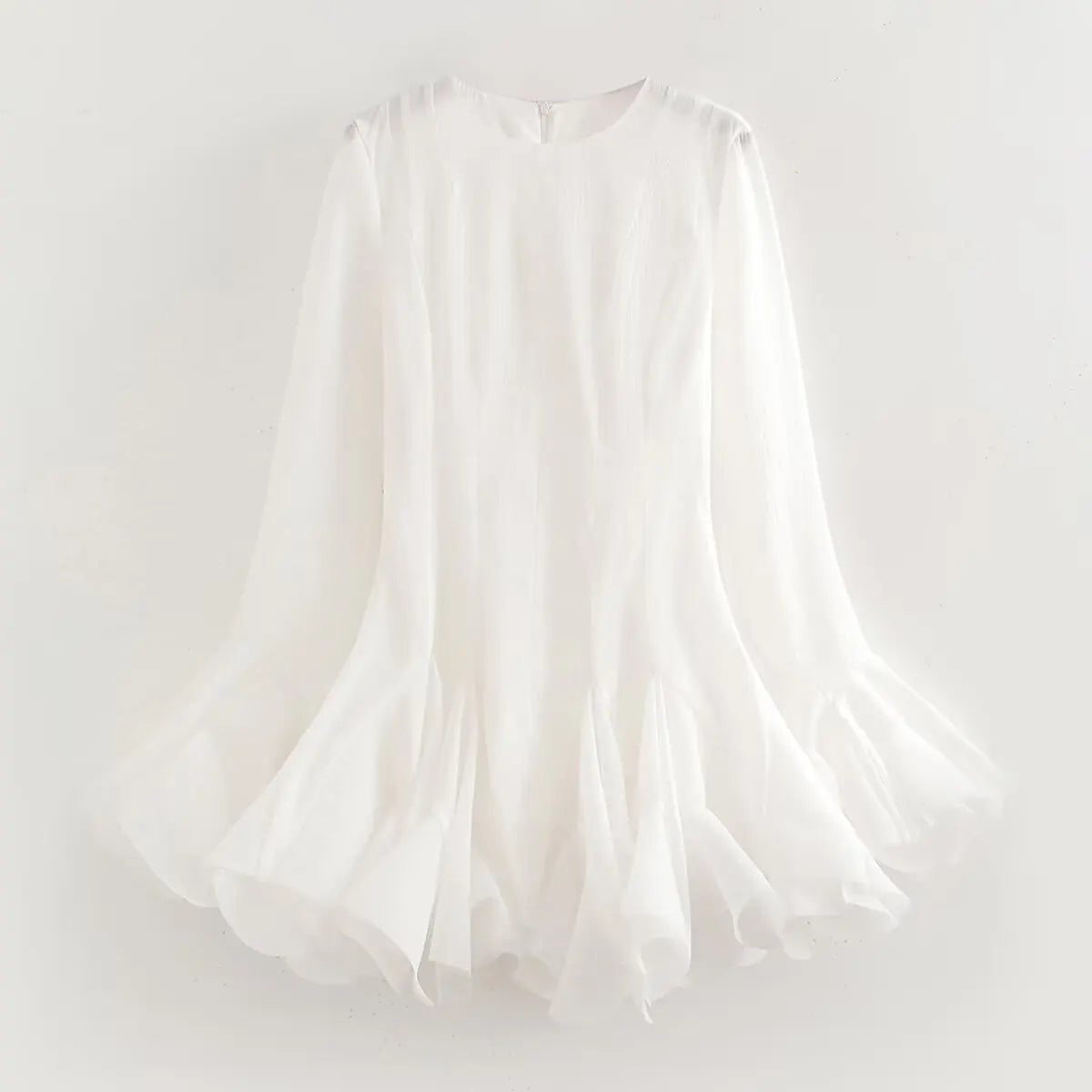 2026 Summer Women's Elegant Multi-Layered Ruffled Hem Mini Dresses Lady Sweet French Style Long Flare Sleeve Slim Fit Puffy Robe - Kimlud