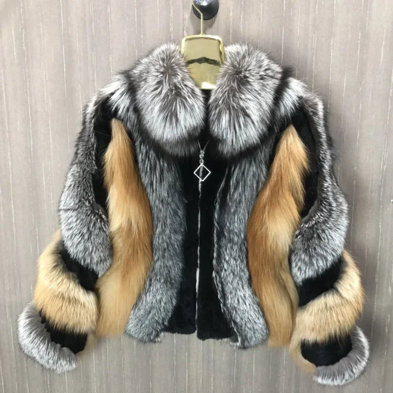 Women's Real Red Fox Fur Jacket With Silver Fox Collar Coat Thick Warm and Fashionable in Winter 23A0616