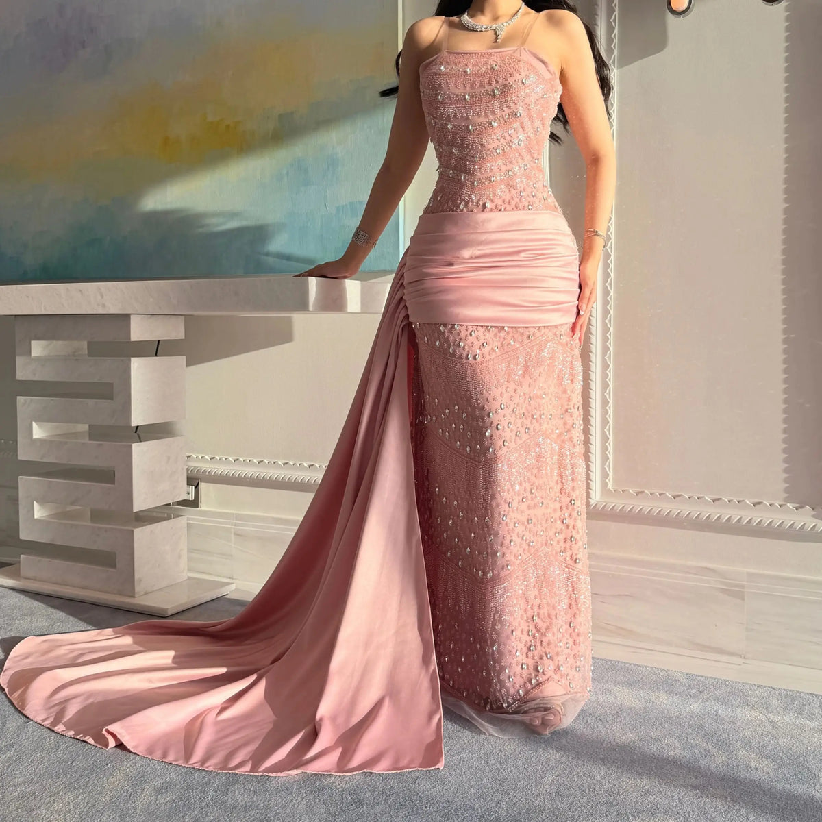 Pink Floral Sequin Evening Dress Off Shoulder A Line Prom Gown Sparkle Formal Dress for Women