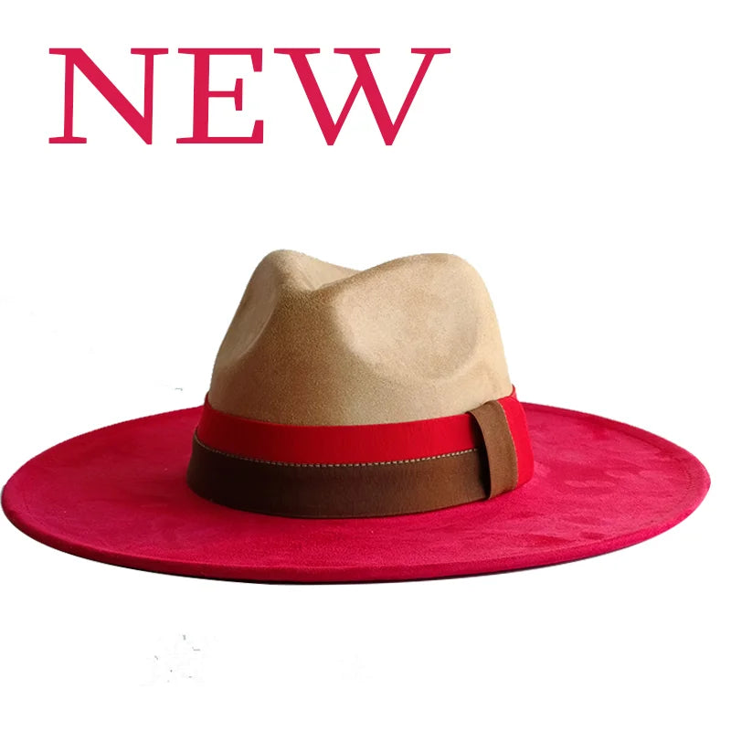 Colorblock Ribbon Colorful Suede Hat Autumn and Winter Women's Felt Hat Wide Brim Hat British Style Retro Men's Gorras Hombre - Kimlud