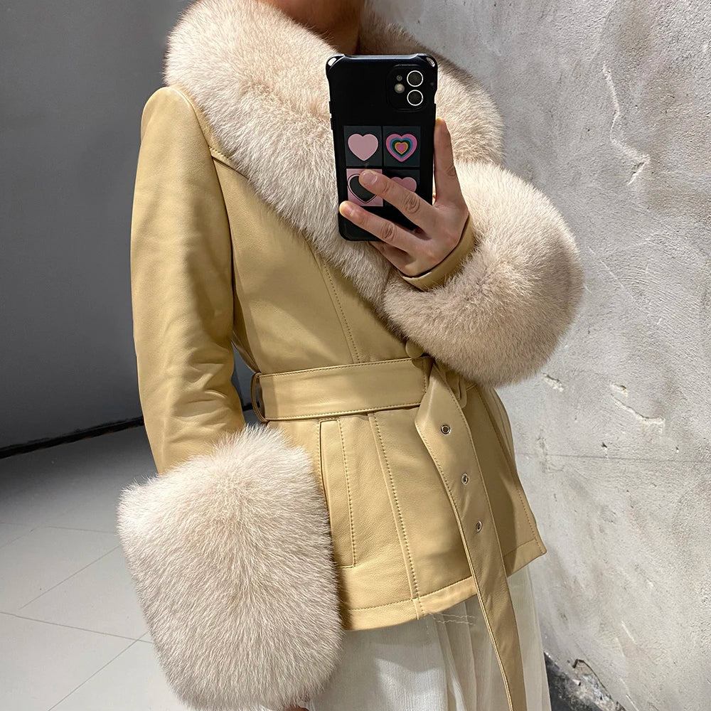 YOLOAgain Women's Real Fox Fur Collar Sheepskin Leather Jacket Coat Autumn 2024