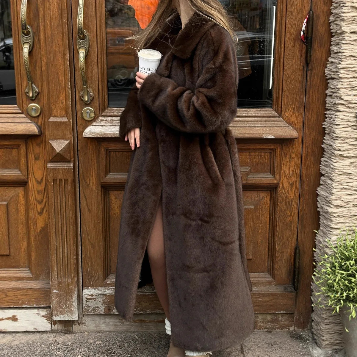 Long Coats Women Faux Fur Y2k Maxi Overcoat Lace Up Turn Down Collar Full Sleeve Thick Loose Elegant Jackets Autumn Winter 2025