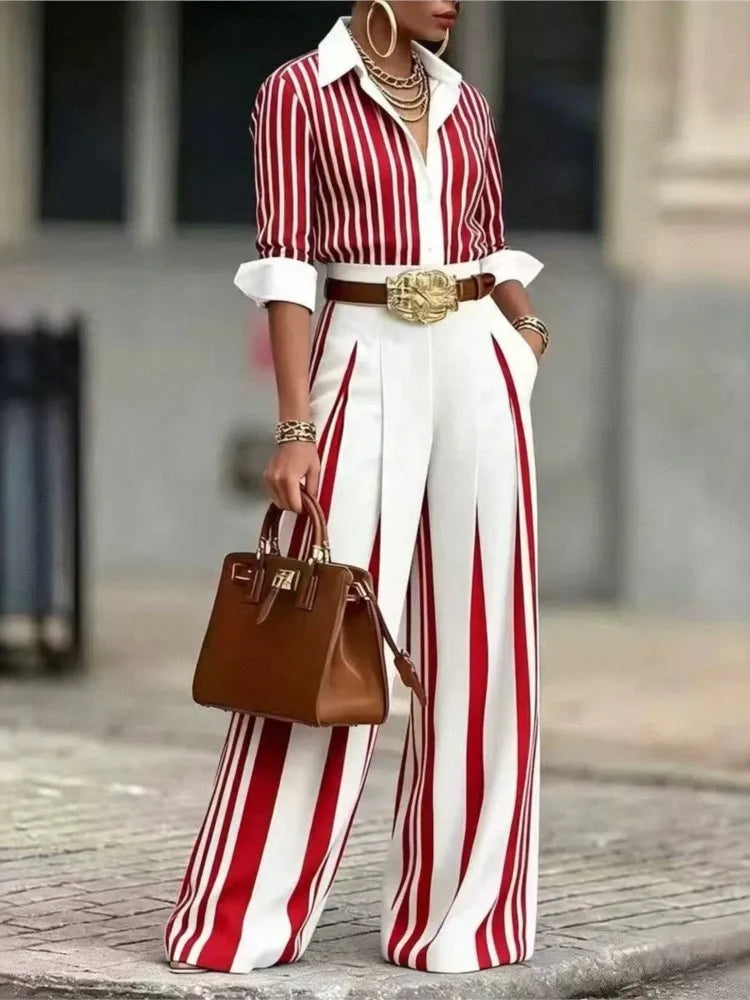 Women Fashion Striped Printed Shirt Two Piece Sets Autumn Lapel Single-Breasted Long Sleeve Shirt Top + Wide Leg Pants Outfit