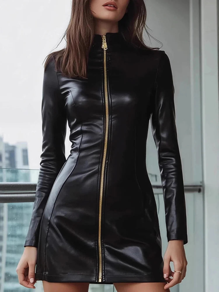 Women Elegant Pu Leather Mini Dress Black Zipper Crew Neck Long Sleeve Vintage Bodycon Dress Female High Street Fashion Dresses