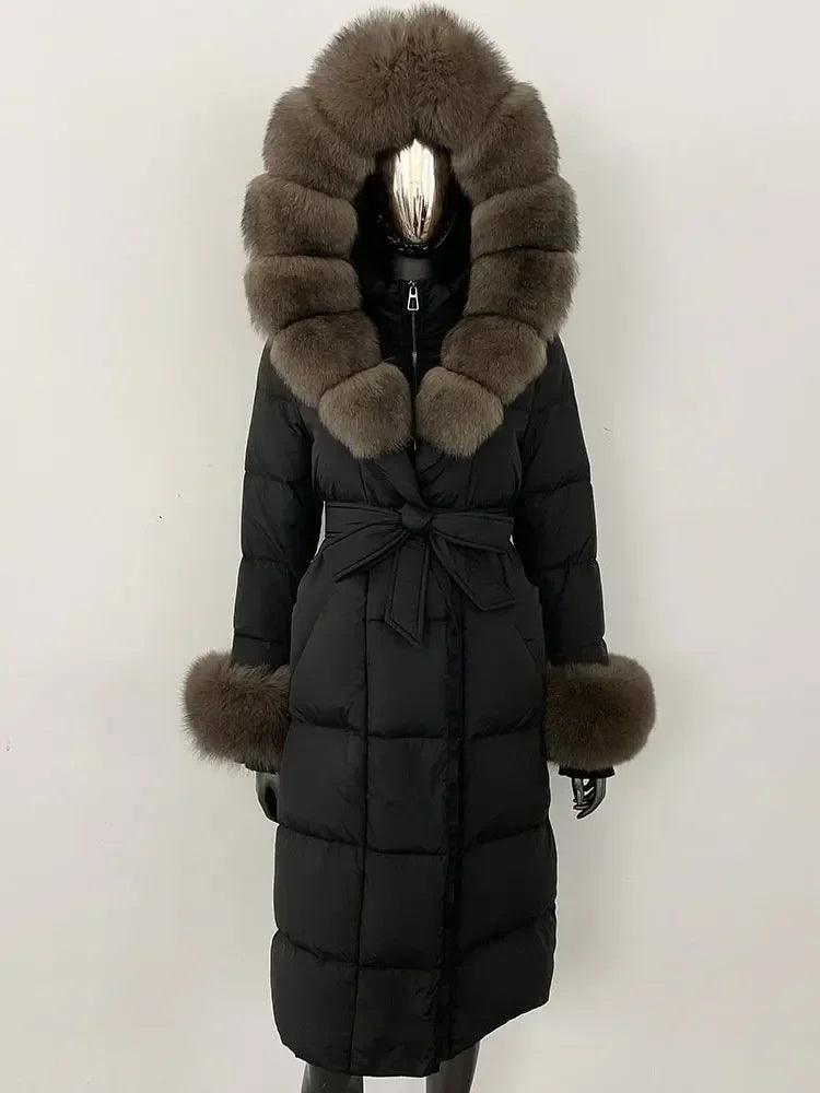 CXFS New Real Raccoon Fox Fur Collar Hooded Natural Long Winter Jacket Women 90 White Duck Down Coat Thick Warm Casual Outerwear