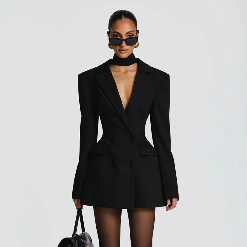 Mozision Deep V Neck Long Sleeve Sexy Mini Blazer Dress Women Elegant Double-breasted High Waist Club Party Blazers Dress