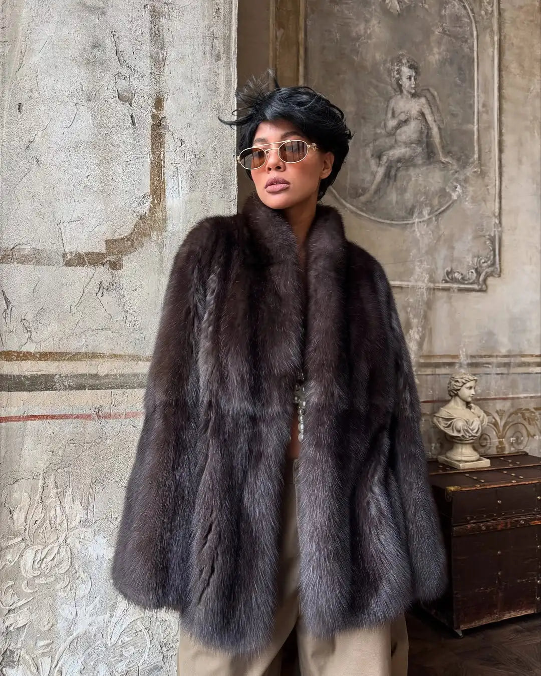 Brown Medium-length Fur Coat Women Lapel Hidden Button Loose Elegant Outerwear 2025 Fashion Office lady commute Overcoat New