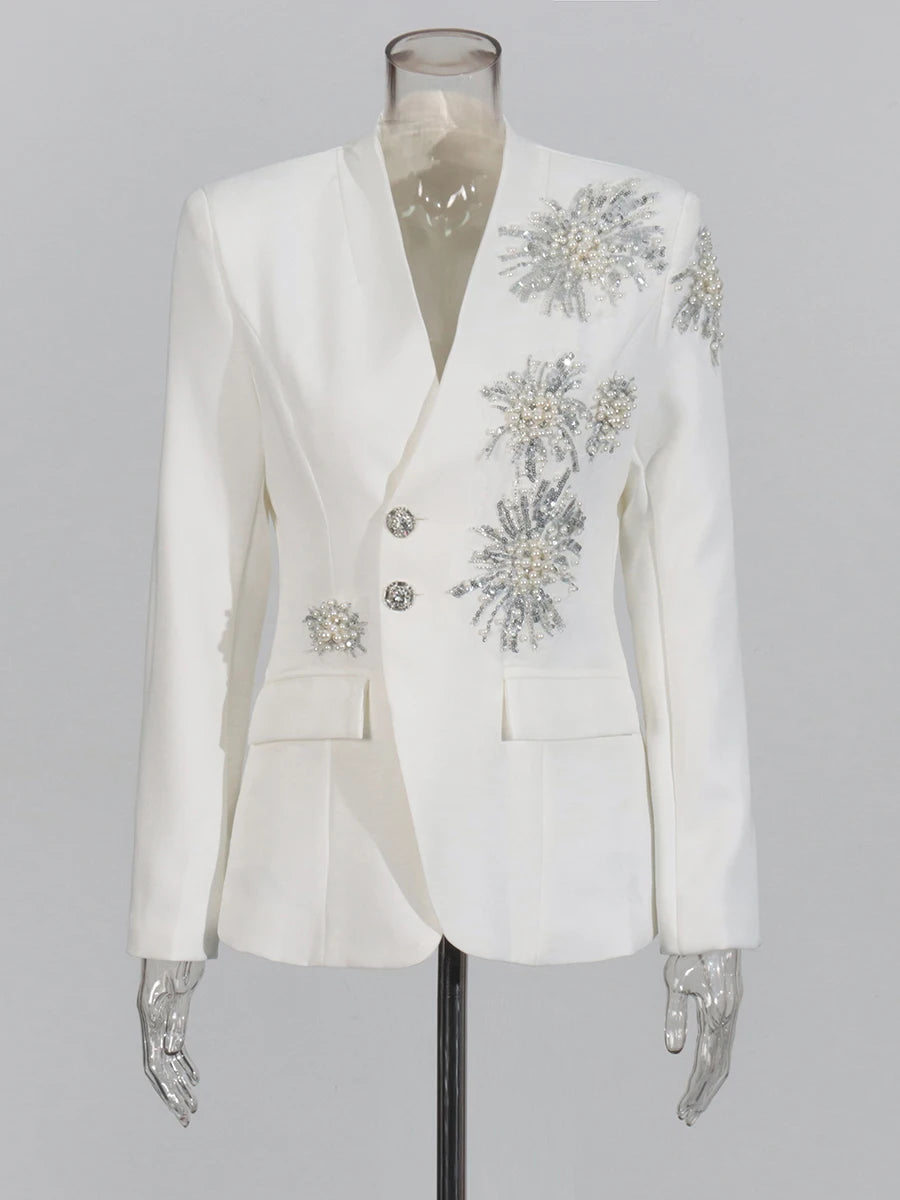 CHICEVER Solid Spliced Beading Slimming Blazer for Women Notched Collar Long Sleeve Patchwork Button Formal Coat Female Fashion