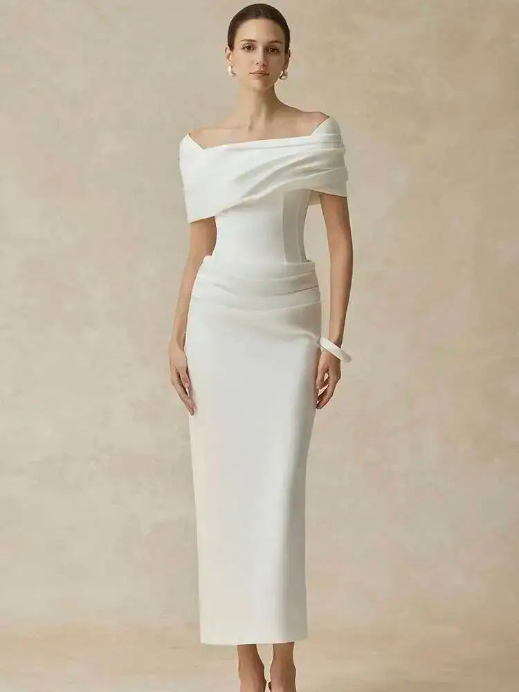 DEAT Elegant Dress Slash Neck Pleated Back Split Slim Hip Warp Long Women's Evening Party Dresses 2026 Winter New Tide...