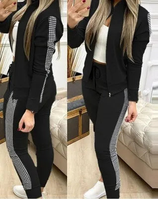 Autumn Winter Women's Sports Zipper Plaid Tracksuits Elegant Retro Jacket Coat And Drawstring Pants Two Piece Set Women...