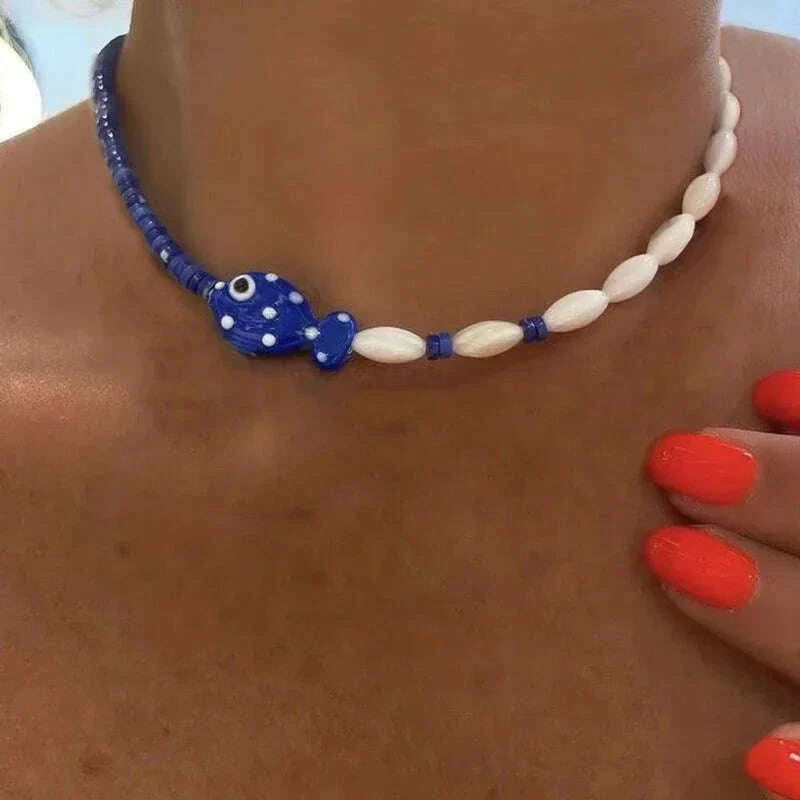 Bohemian Colorful Glaze Fish Pendant for Women Striped Beaded Necklace Seaside Vacation Party Accessories